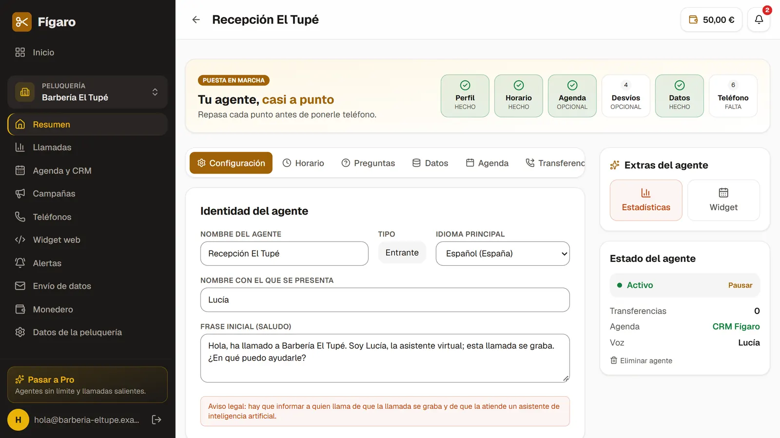 Configuración del agente de voz: nombre, idioma, saludo y lista de puesta en marcha
