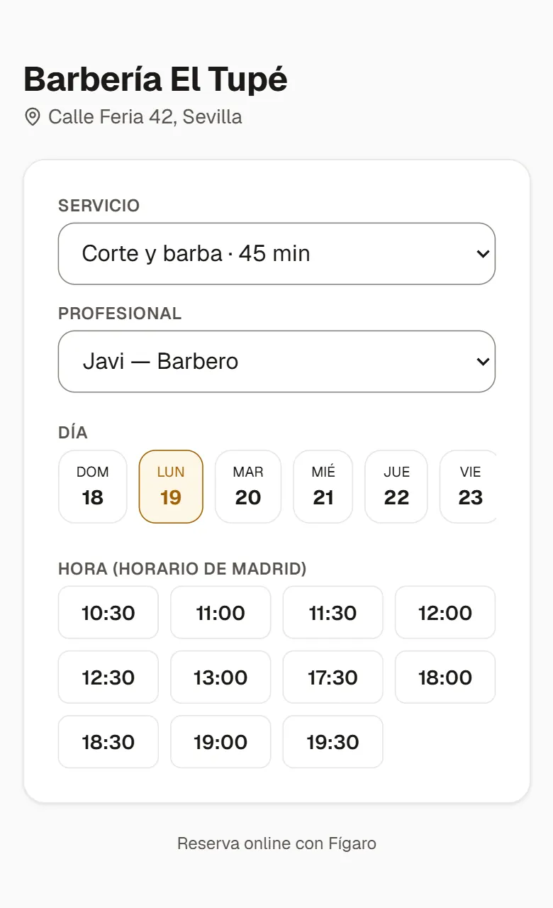 Página de reserva online en el móvil con el servicio, el profesional y las horas libres